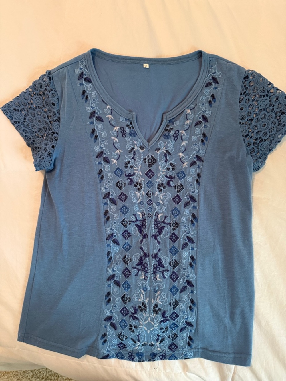 Embroidered Lace Sleeve Blue Women's Top